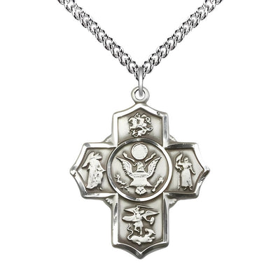 Army 5-Way Cross Sterling Silver Medal with Sterling Chain, Measures: 1 1/4-inch tall by 1-inch wide. Features St George, Guardian Angel, St Michael, St Joan of Arc, and Army, Bliss Manufacturing
