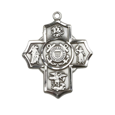 Coast Guard 5-Way Cross Sterling Silver Medal, Measures: 1 1/4-inch tall by 1-inch wide. Features St George, Guardian Angel, St Michael, St Joan of Arc, and Coast Guard emblem, Bliss Manufacturing