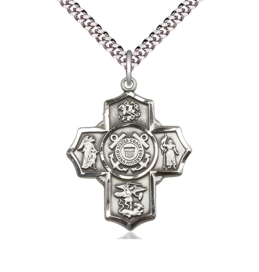 Bliss Manufacturing Coast Guard 5-Way Cross Sterling Silver Medal Necklace with Plated Chain,,