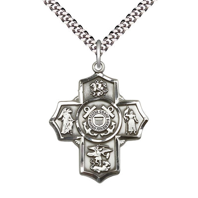 Coast Guard 5-Way Cross Sterling Silver Medal with Plated Chain, Measures: 1 1/4-inch tall by 1-inch wide. Features St George, Guardian Angel, St Michael, St Joan of Arc, Bliss Manufacturing