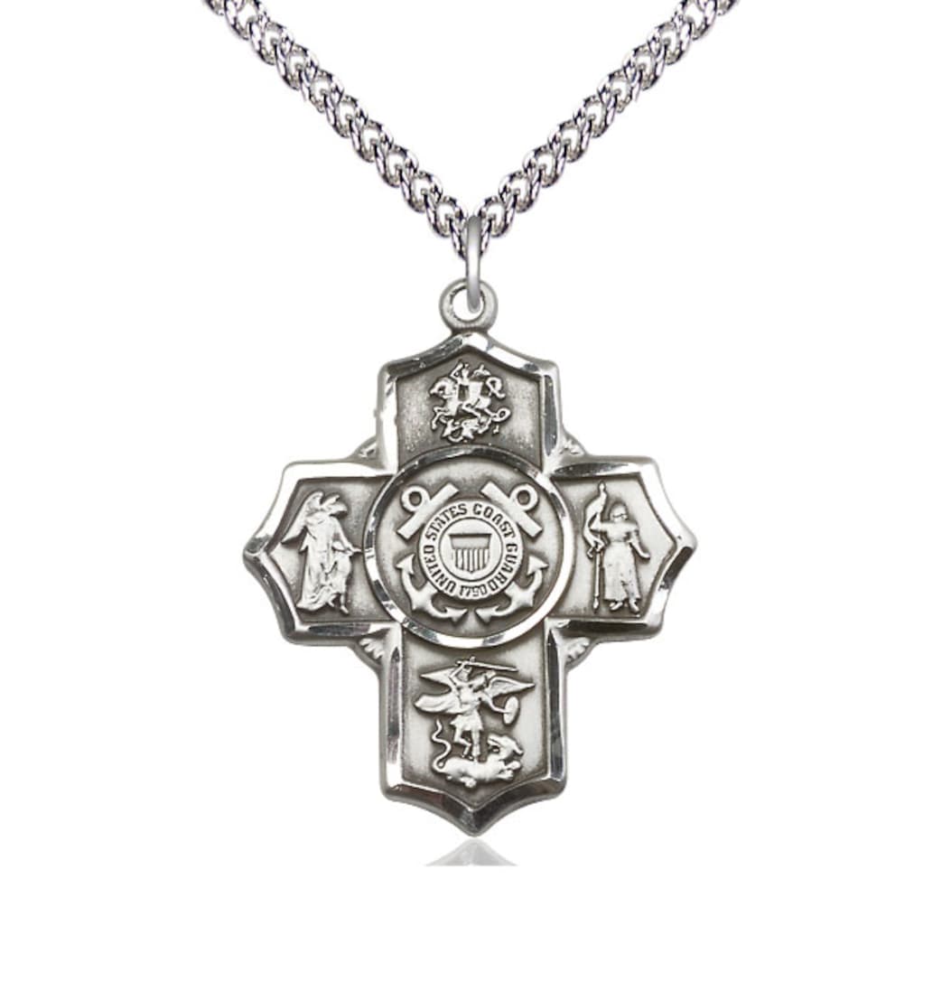 Bliss Manufacturing Coast Guard 5-Way Cross Sterling Silver Medal Necklace with Sterling Chain,