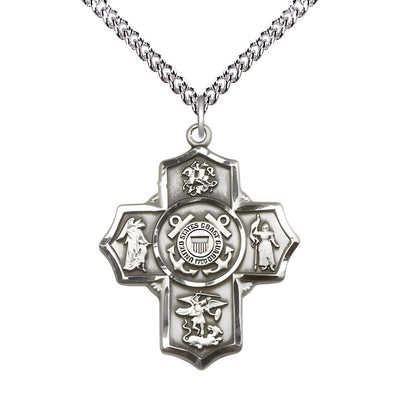Coast Guard 5-Way Cross Sterling Silver Medal with Sterling Chain, Measures: 1 1/4-inch tall by 1-inch wide. Features St George, Guardian Angel, St Michael, St Joan of Arc, Bliss Manufacturing