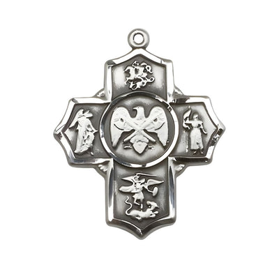 National Guard 5-Way Cross Sterling Silver Medal, Measures: 1 1/4-inch tall by 1-inch wide. Features St George, Guardian Angel, St Michael, St Joan of Arc, and National Guard, Bliss Manufacturing