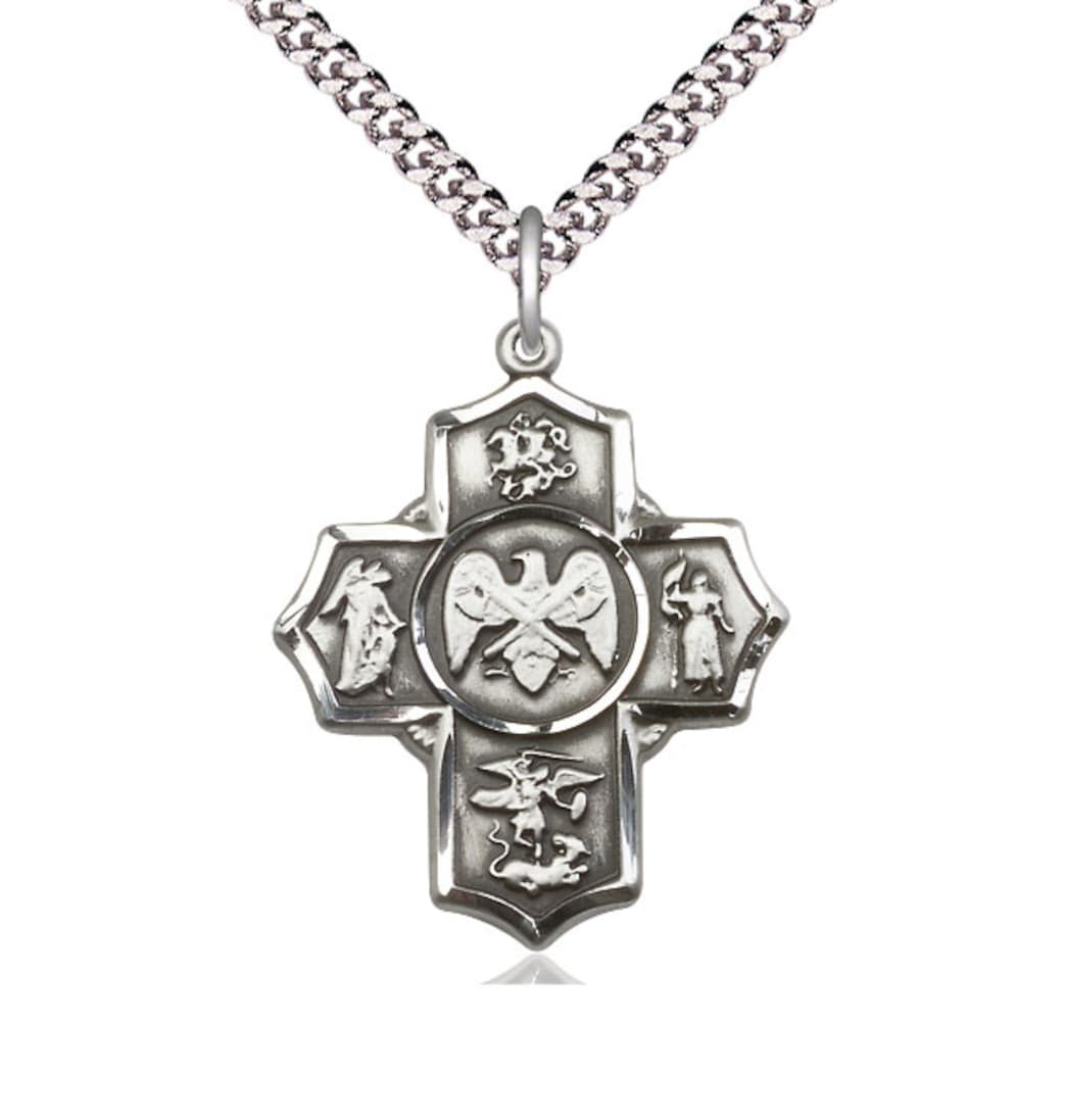 Bliss Manufacturing National Guard 5-Way Cross Sterling Silver Medal Necklace with Plated Chain,