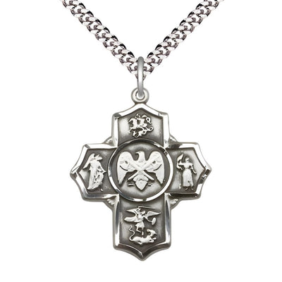 National Guard 5-Way Cross Sterling Silver Medal with Plated Chain, Measures: 1 1/4-inch tall by 1-inch wide. Features St George, Guardian Angel, St Michael, St Joan of Arc, Bliss Manufacturing