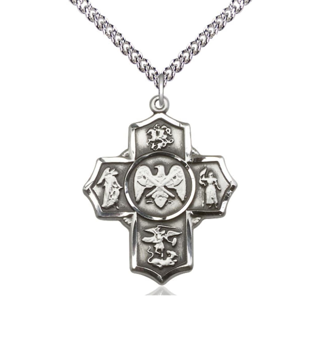 Bliss Manufacturing National Guard 5-Way Cross Sterling Silver Medal Necklace with Sterling Chain,