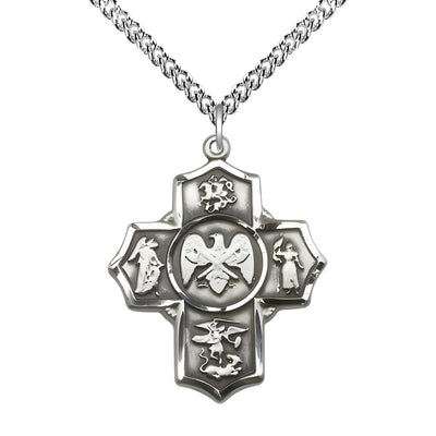 National Guard 5-Way Cross Sterling Silver Medal with Sterling Chain, Measures: 1 1/4-inch tall by 1-inch wide. Features St George, Guardian Angel, St Michael, St Joan of Arc, Bliss Manufacturing