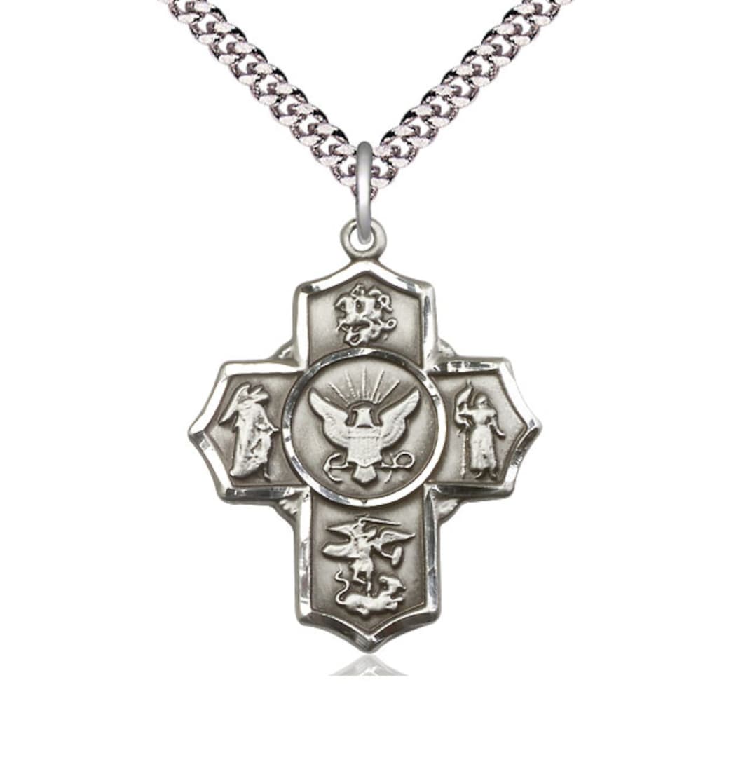 Bliss Manufacturing Navy 5-Way Cross Sterling Silver Medal Necklace with Plated Chain,