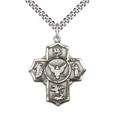 Sterling Silver Navy 5-Way Cross with Plated Chain features St George, Guardian Angel, St Michael, St Joan of Arc, and the Air Force emblem in the center, Bliss Manufacturing