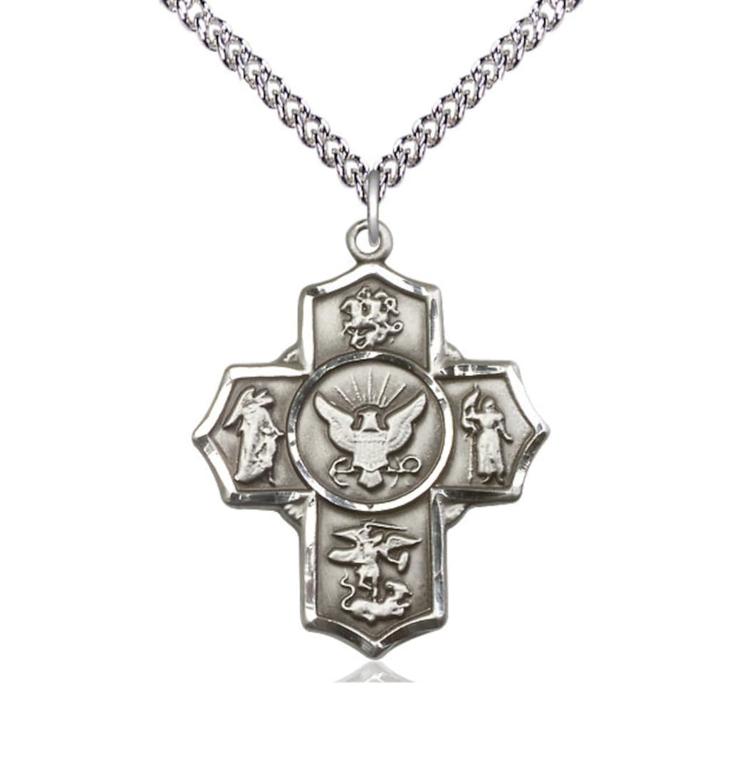 Bliss Manufacturing Navy 5-Way Cross Sterling Silver Medal Necklace with Sterling Silver  Chain,