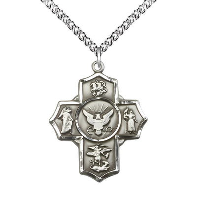 Sterling Silver Navy 5-Way Cross with Sterling Chain features St George, Guardian Angel, St Michael, St Joan of Arc, and the Air Force emblem in the center, Bliss Manufacturing