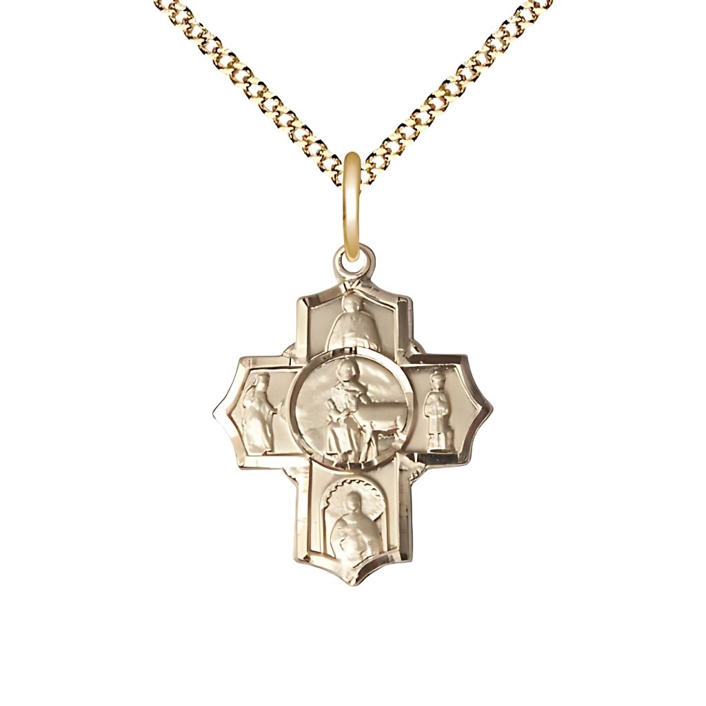 Bliss Special Needs 5-Way Cross 14kt Gold-filled Medal with Gold-plated Chain, Measures 7/8-inch tall by 3/4-inch wide, St. Gerard, Our Lady of Mercy, St. Seraphina, St. Henry II and St. Giles
