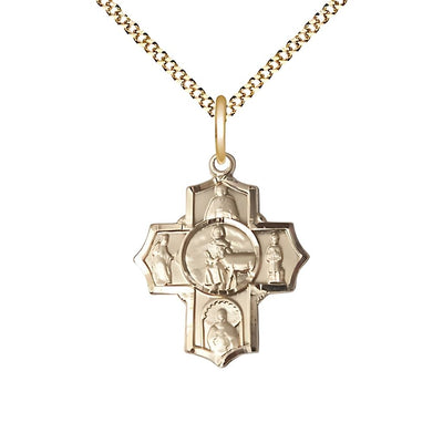 Special Needs 5-Way Cross 14kt Gold-filled Medal with Gold-plated Chain, Measures 7/8-inch tall by 3/4-inch wide, St. Gerard, Our Lady of Mercy, St. Seraphina, St. Henry II, Bliss Manufacturing