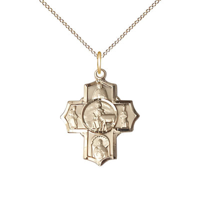 Special Needs 5-Way Cross 14kt Gold-filled Medal with Gold-filled Chain, Measures 7/8-inch tall by 3/4-inch wide, St. Gerard, Our Lady of Mercy, St. Seraphina, St. Henry II, Bliss Manufacturing