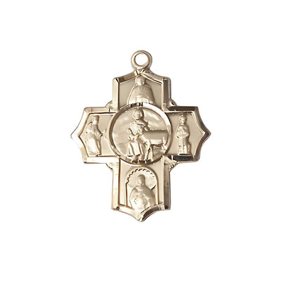 Special Needs 5-Way Cross 14kt Gold Medal, Measures 7/8-inch tall by 3/4-inch wide, St. Gerard, Our Lady of Mercy, St. Seraphina, St. Henry II and St. Giles, Bliss Manufacturing