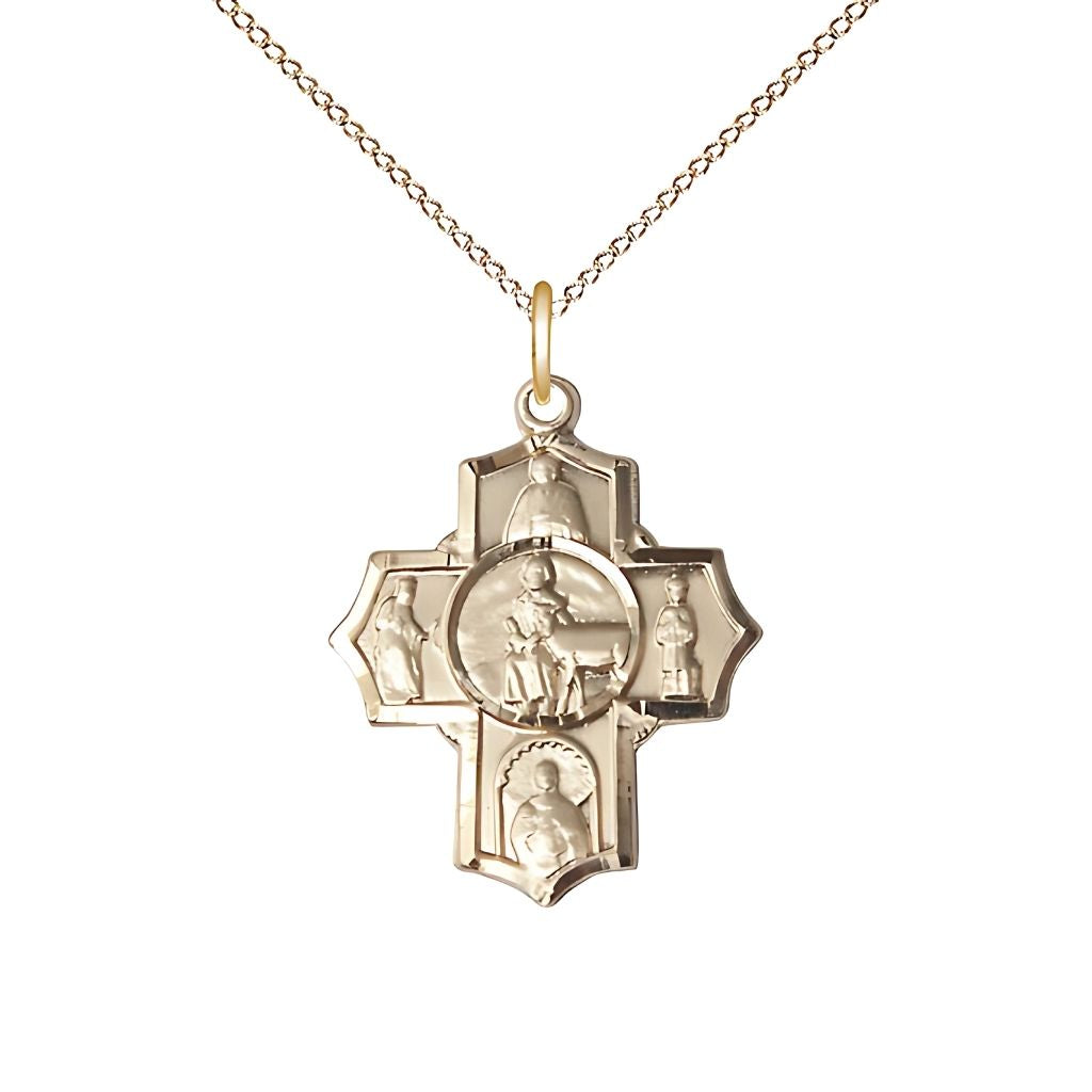 Bliss Special Needs 5-Way Cross 14kt Gold Medal with 14kt Gold Chain, Measures 7/8-inch tall by 3/4-inch wide, St. Gerard, Our Lady of Mercy, St. Seraphina, St. Henry II and St. Giles