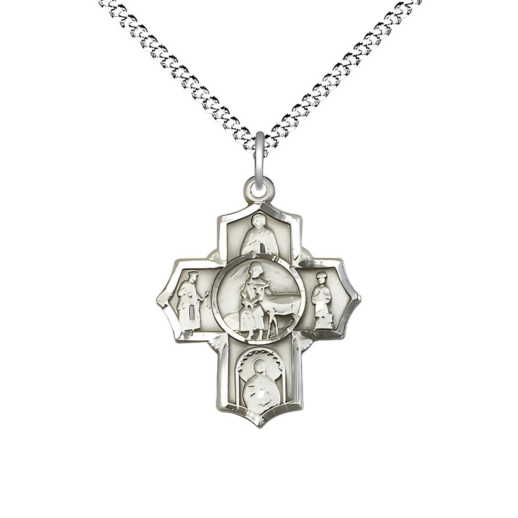 Bliss Special Needs 5-Way Cross Pewter Medal with Plated Chain, Measures 7/8-inch tall by 3/4-inch wide, St. Gerard, Our Lady of Mercy, St. Seraphina, St. Henry II and St. Giles