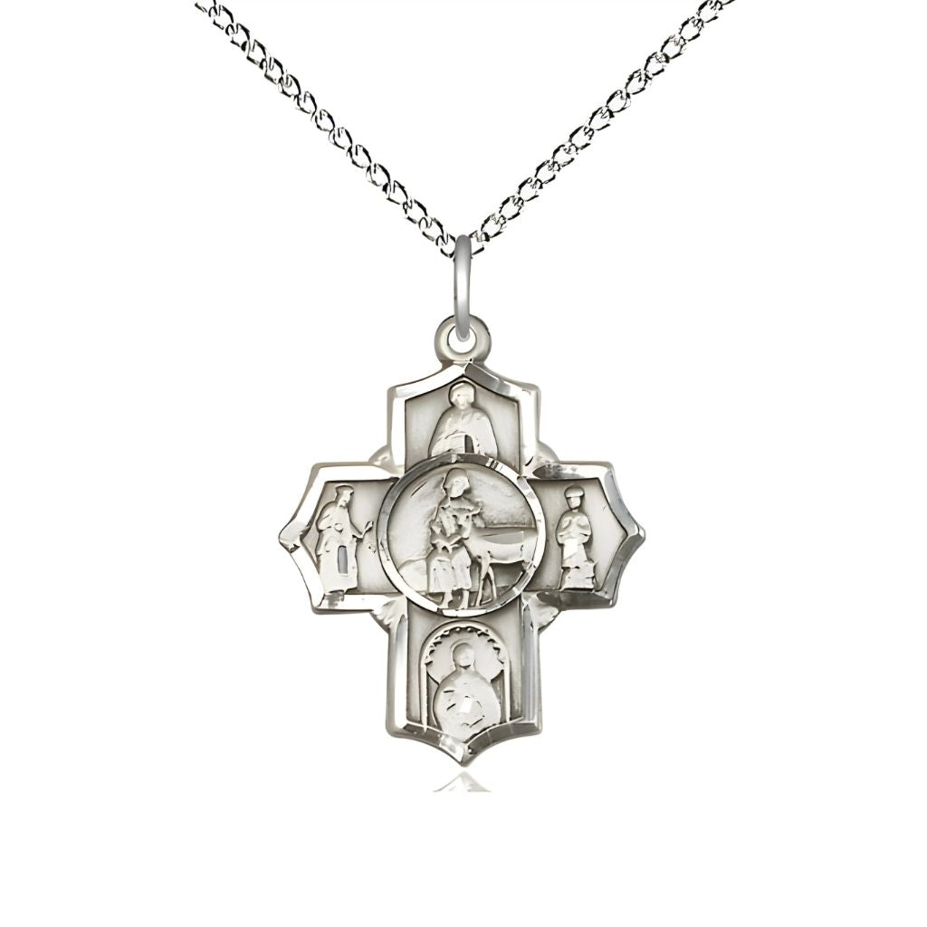Bliss Special Needs 5-Way Cross Sterling Silver Medal with Sterling Chain, Measures 7/8-inch tall by 3/4-inch wide, St. Gerard, Our Lady of Mercy, St. Seraphina, St. Henry II and St. Giles