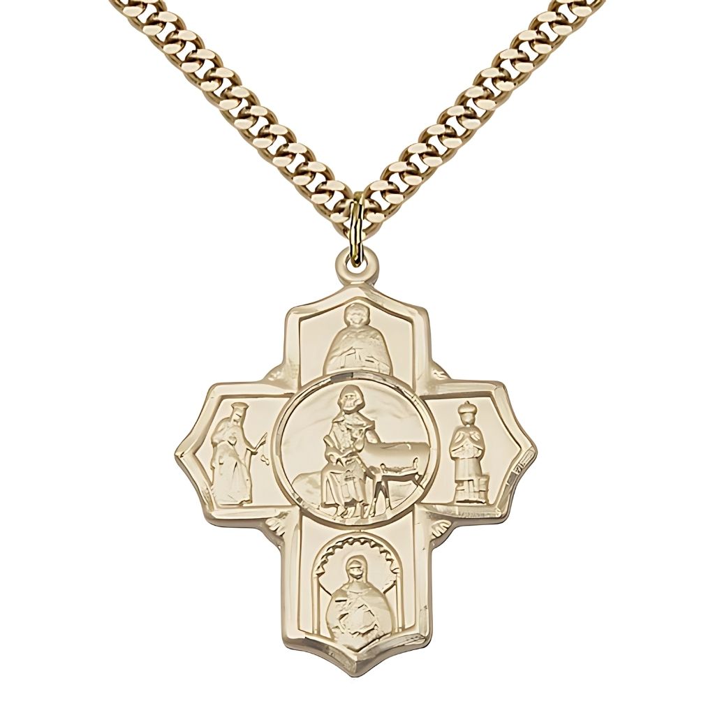 Bliss Special Needs 5-Way Cross Gold-filled Medal with Gold-plated Chain, Measures 1 1/8-inch tall by 1-inch wide, St. Gerard, Our Lady of Mercy, St. Seraphina, St. Henry II and St. Giles