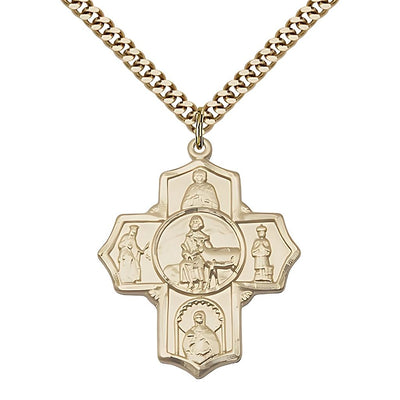 Special Needs 5-Way Cross Gold-filled Medal with Gold-plated Chain, Measures 1 1/8-inch tall by 1-inch wide, St. Gerard, Our Lady of Mercy, St. Seraphina, St. Henry II and St, Bliss Manufacturing