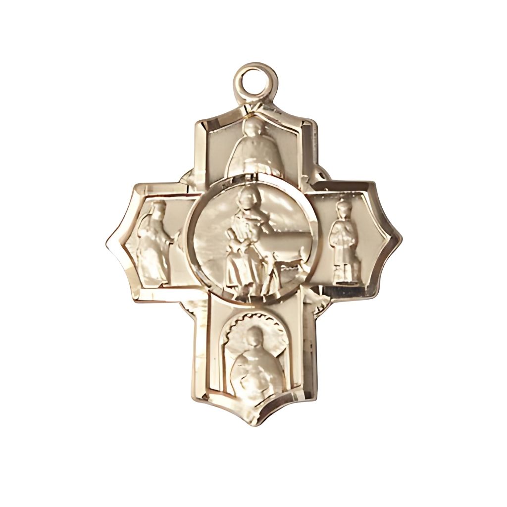 Bliss Special Needs 5-Way Cross 14kt Gold Medal, Measures 1 1/8-inch tall by 1-inch wide, St. Gerard, Our Lady of Mercy, St. Seraphina, St. Henry II and St. Giles