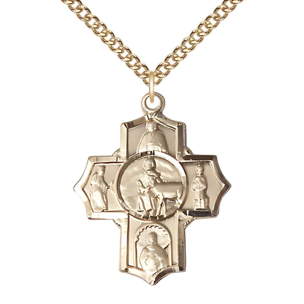 Bliss Special Needs 5-Way Cross 14kt Gold Medal with 14kt Gold Chain, Measures 1 1/8-inch tall by 1-inch wide, St. Gerard, Our Lady of Mercy, St. Seraphina, St. Henry II and St. Giles