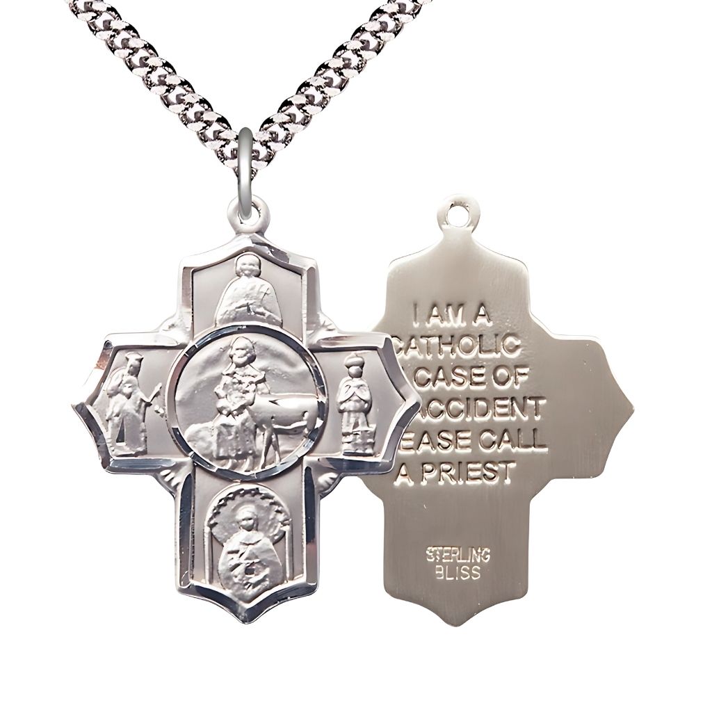 Bliss Special Needs 5-Way Cross Sterling Silver Medal with Plated Chain, Measures 1 1/8-inch tall by 1-inch wide, St. Gerard, Our Lady of Mercy, St. Seraphina, St. Henry II and St. Giles