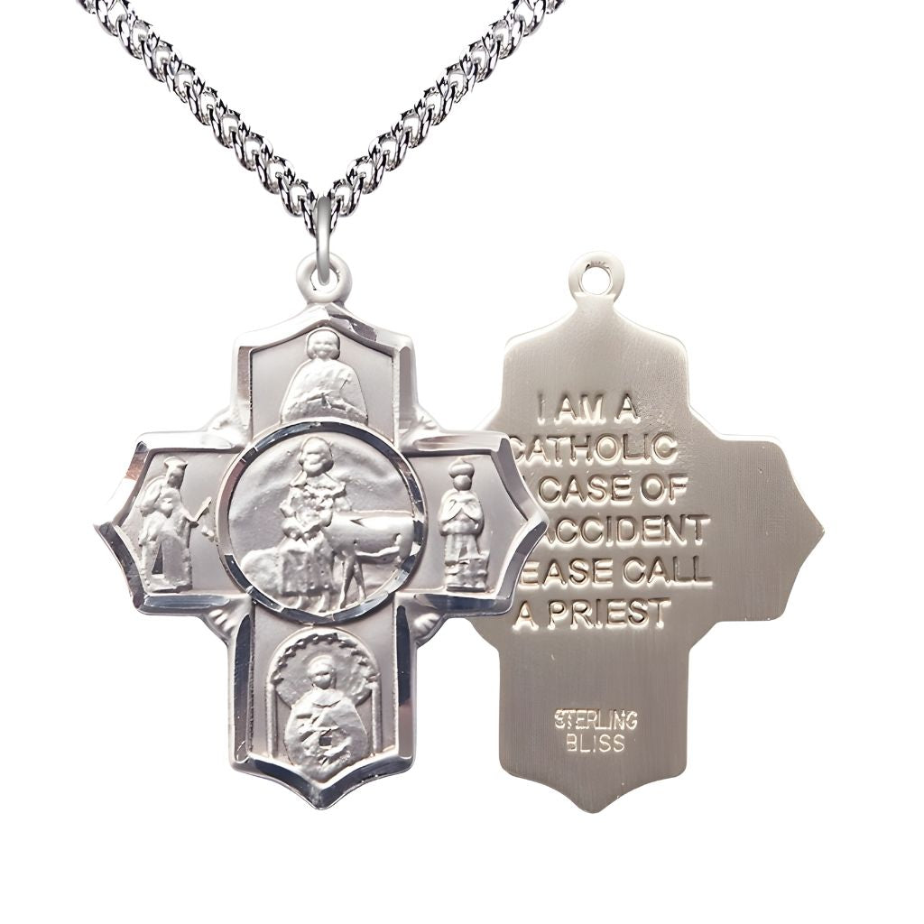 Bliss Special Needs 5-Way Cross Sterling Silver Medal with Sterling Silver Chain, Measures 1 1/8-inch tall by 1-inch wide, St. Gerard, Our Lady of Mercy, St. Seraphina, St. Henry II and St. Giles