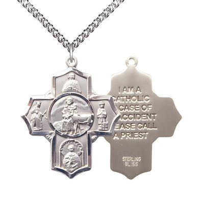 Special Needs 5-Way Cross Sterling Silver Medal with Sterling Silver Chain, Measures 1 1/8-inch tall by 1-inch wide, St. Gerard, Our Lady of Mercy, St. Seraphina, St. Henry II, Bliss Manufacturing