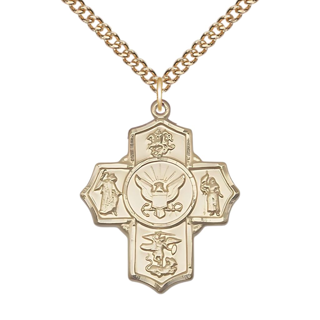 14kt Gold Navy 5-Way Cross with Gold-14kt Gold Chain features St George, Guardian Angel, St Michael, St Joan of Arc, and the Air Force emblem in the center.