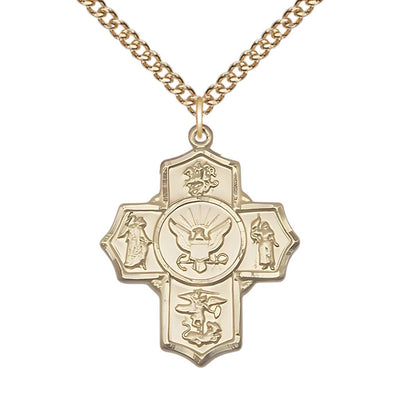 14kt Gold Navy 5-Way Cross with Gold-14kt Gold Chain features St George, Guardian Angel, St Michael, St Joan of Arc, and the Air Force emblem in the center, Bliss Manufacturing
