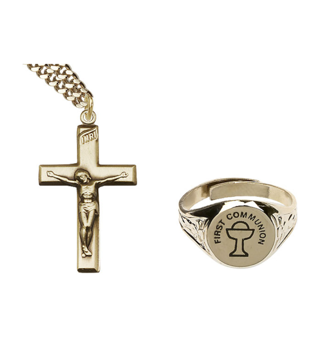 Bliss Gold Boy's Crucifix Medal and Ring Communion Jewelry Set