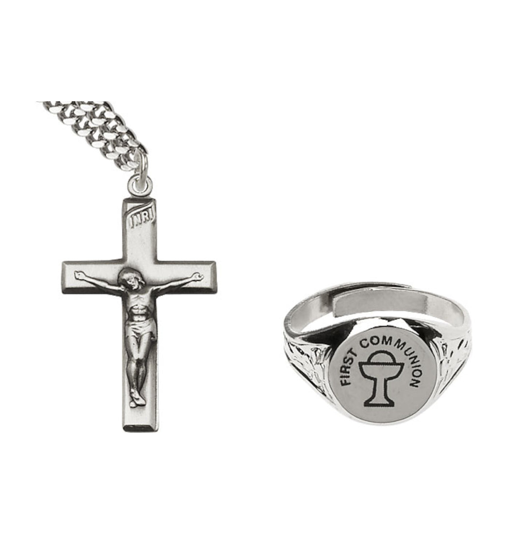 Bliss Silver Boy's Crucifix Medal and Ring Communion Jewelry Set,