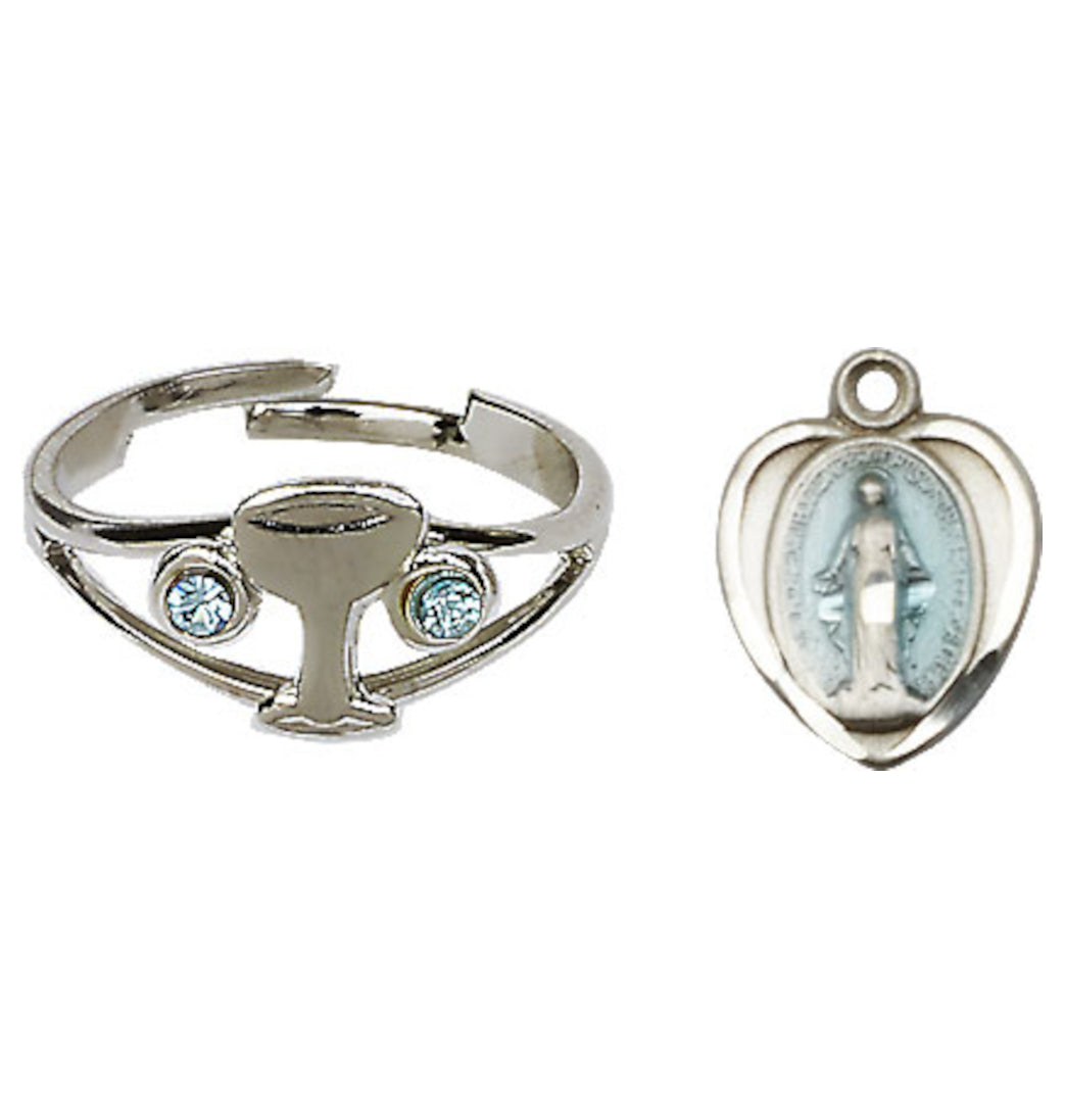 Bliss Silver Children's Miraculous Necklace and Chalice Ring Communion Jewelry Set,