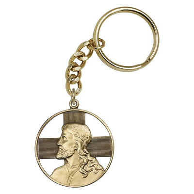 Gold Round Head of Christ with Cross Key Chain, Bliss Manufacturing