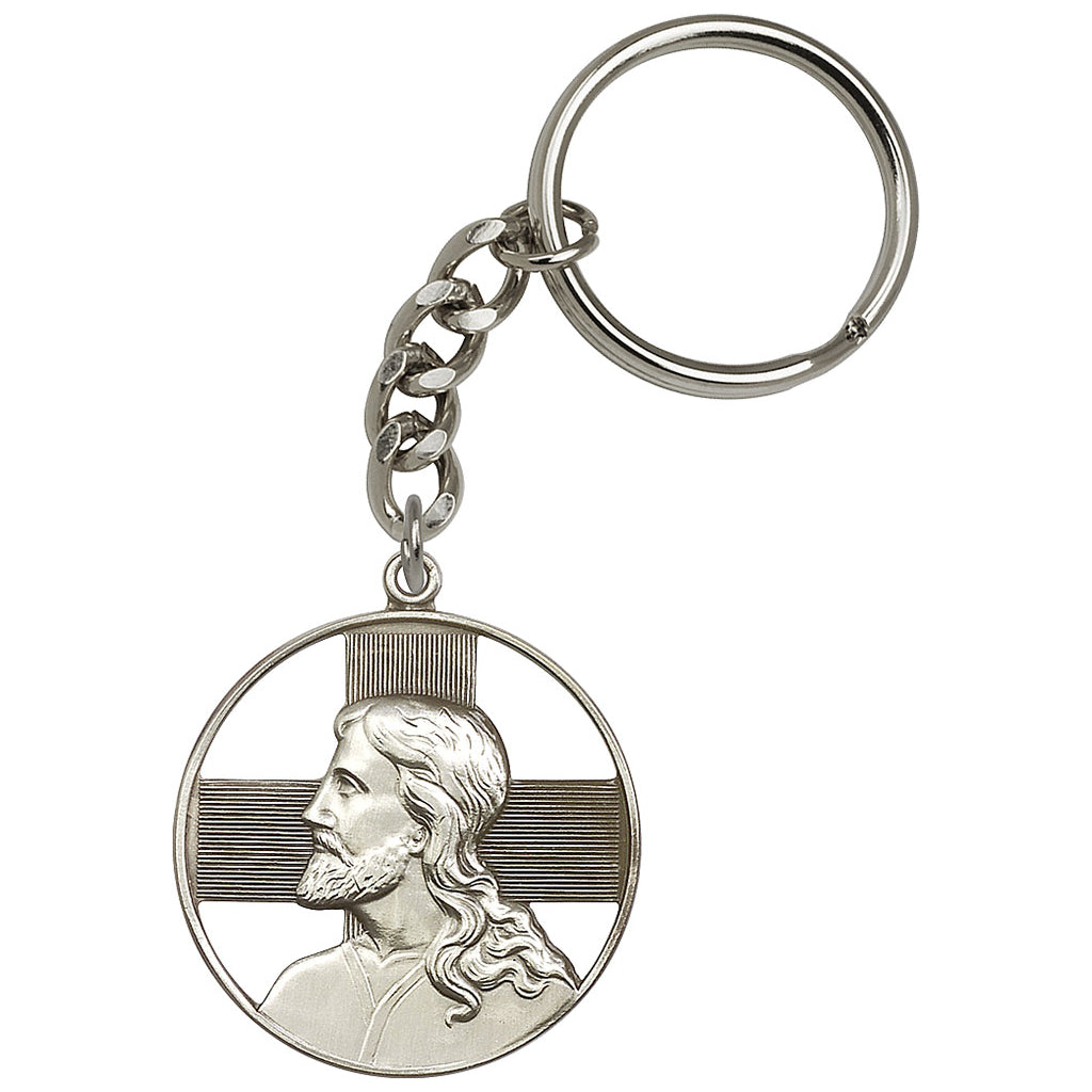 Pewter Round Head of Christ with Cross Key Chain