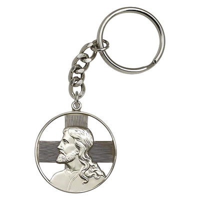 Pewter Round Head of Christ with Cross Key Chain, Bliss Manufacturing