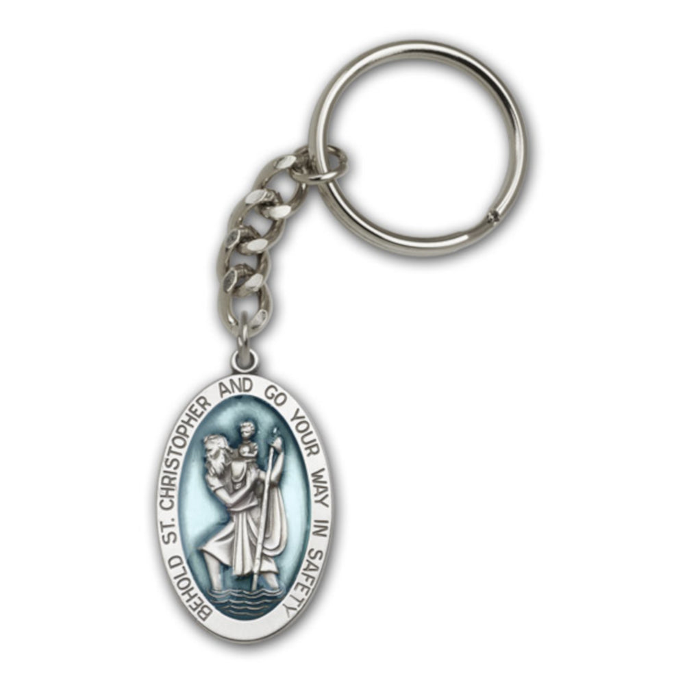 Bliss Manufacturing Blue Epoxy St Christopher Oval Key Chain