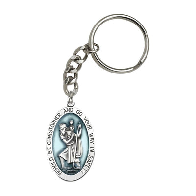 Blue Epoxy St Christopher Oval Silver Key Chain, Made in USA, Bliss Manufacturing