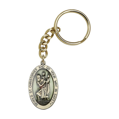 Blue Epoxy St Christopher Gold Tone Oval Key Chain, Made in USA, Bliss Manufacturing