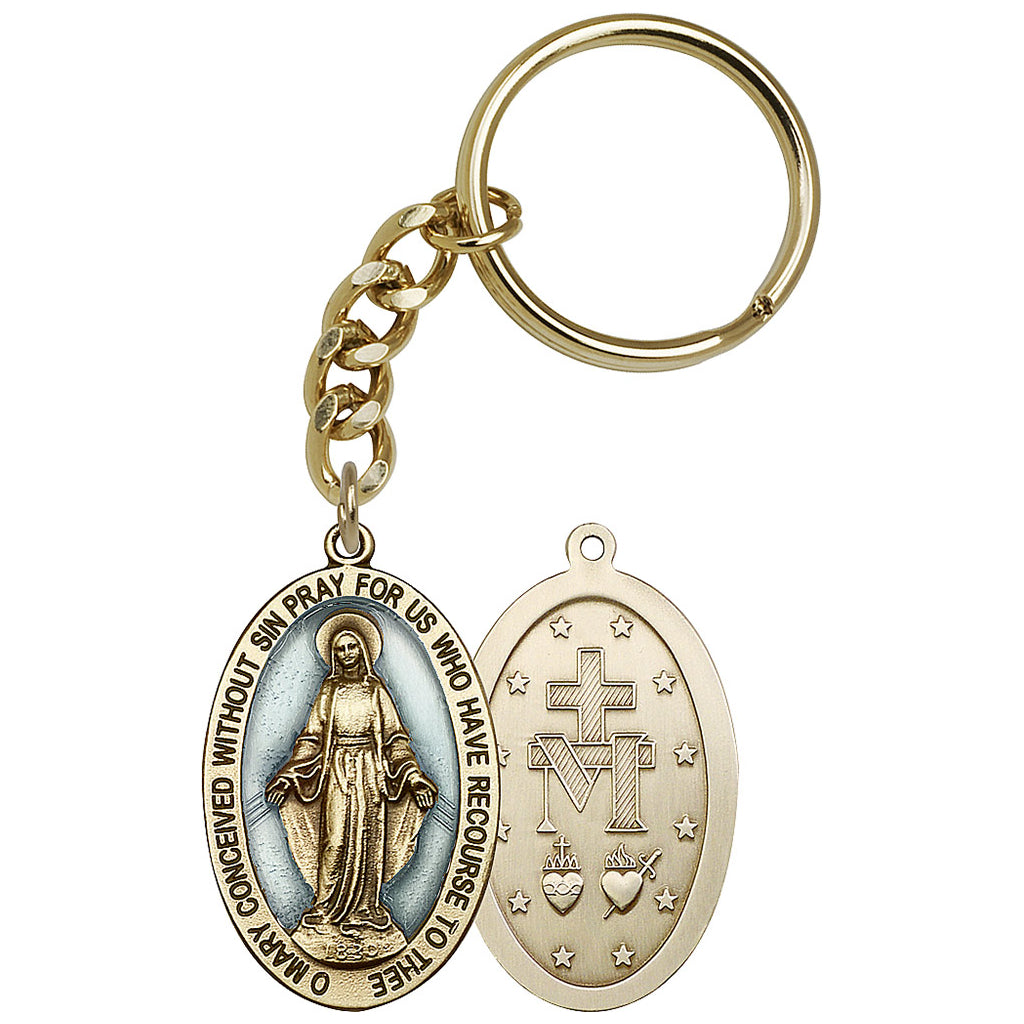 Blue Epoxy Oval Miraculous Medal Gold Key Chain