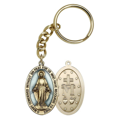 Blue Epoxy Oval Miraculous Medal Gold Tone Key Chain, Made in USA, Bliss Manufacturing