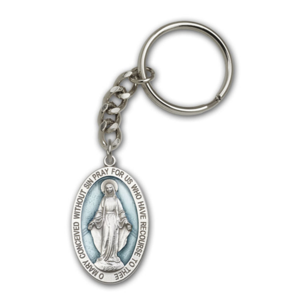 Blue Epoxy Oval Miraculous Medal Pewter Key Chain