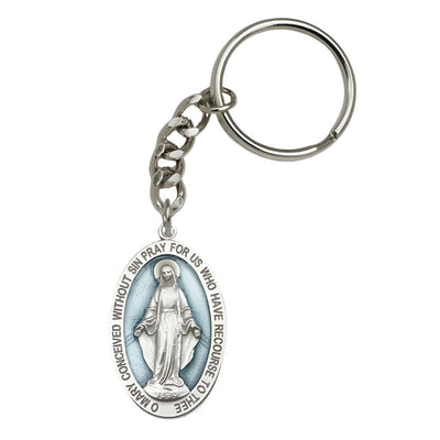 Blue Epoxy Oval Miraculous Medal Pewter Key Chain, Made in USA, Bliss Manufacturing