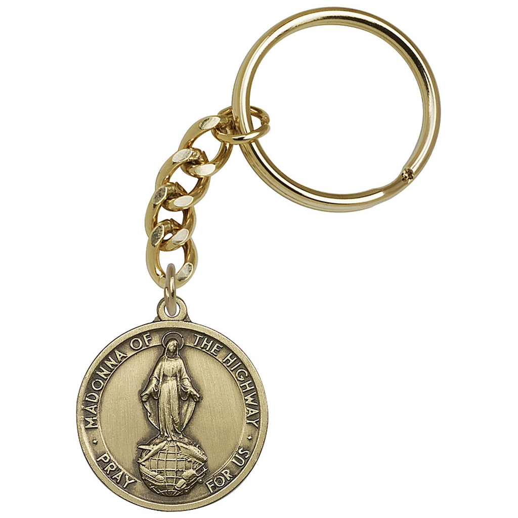 Gold Small Round Our Lady of the Highway Key Chain