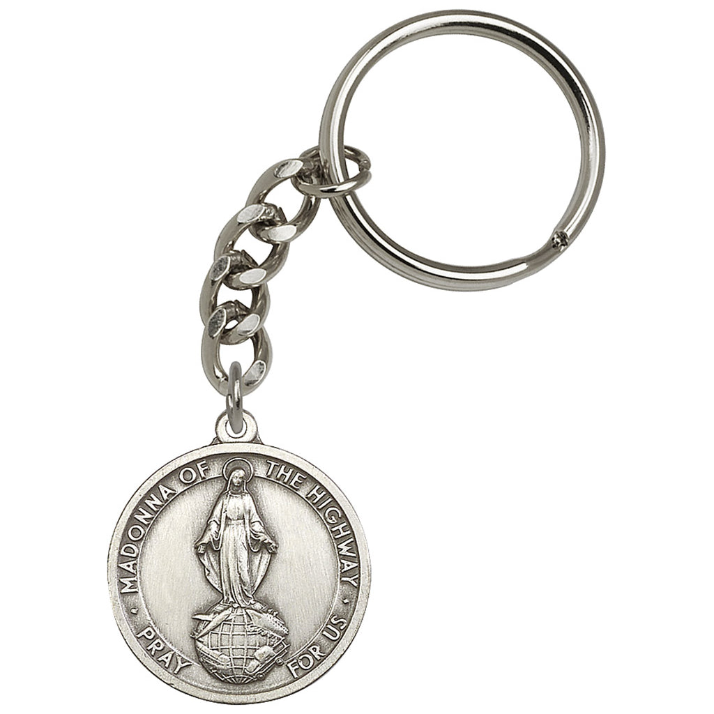 Pewter Small Round Our Lady of the Highway Key Chain