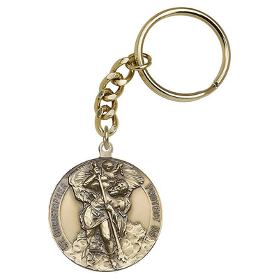 Round St Christopher & Guardian Angel Key Chain, gold oxide, Bliss Manufacturing