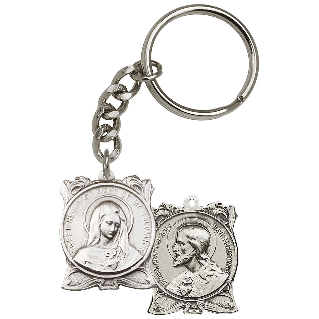 Pewter Immaculate Heart and Sacred Heart of Jesus Key Chain