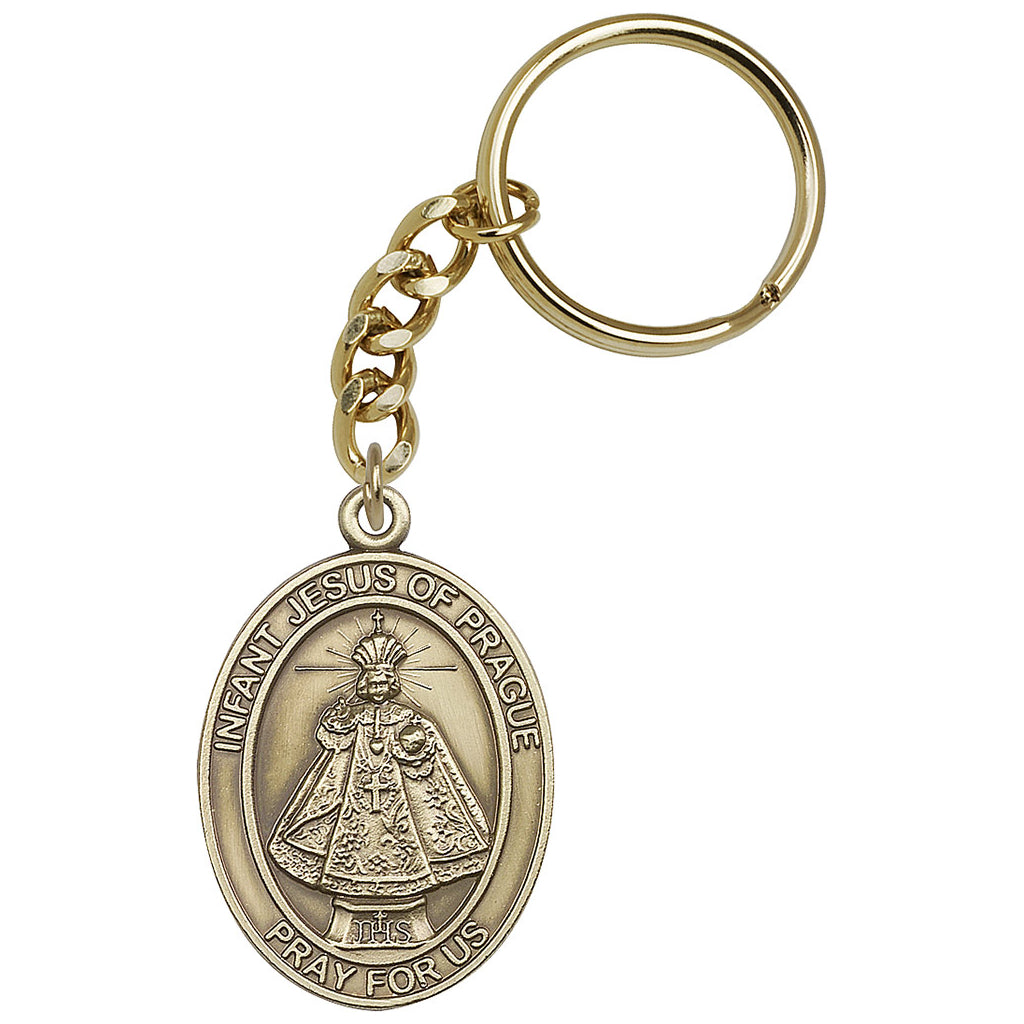 Gold Engravable Oval Infant of Prague Key Chain