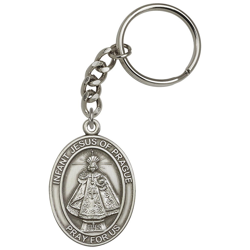 Pewter Engravable Oval Infant of Prague Key Chain